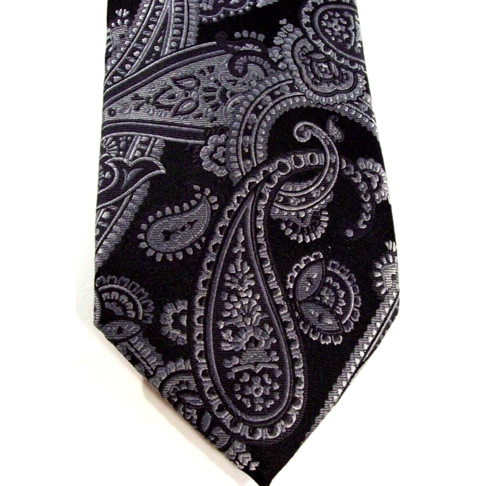 Men's Tallia 100% Silk Neck‎ Tie, Black Gray Paisley